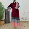 Striped Contrast Color Pleated Dress Women Lapel Flare Sleeves Single Breasted Loose Long Dresses Spring 2AA4365