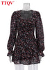Autumn Loose Print Women's Dress Square Collar Long Sleeve Mini Dresses Elegant Classic Pleted Female Dress