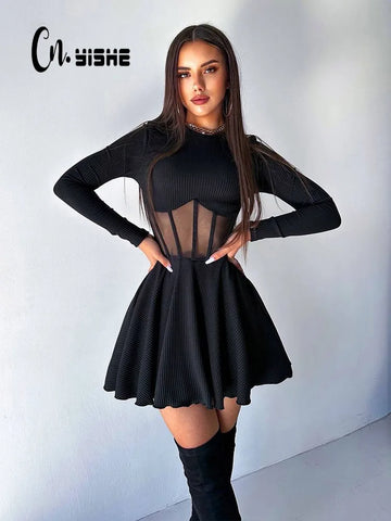 Women Dresses Mesh Patchwork Sheer Long Sleeve Sexy Club O Neck A-line Sheath Bodycon Female Vestidos Robes