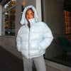 Casual Women's Glossy Hooded Cotton Coats Puffy Stand Collar Zipper Long Sleeve Warm Jackets Winter Lady Down Jacket