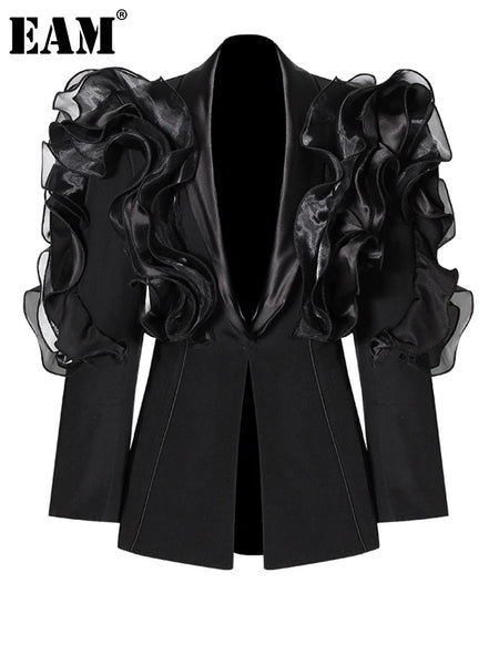 Women Black Ruffles Shaped Elegant Slim Blazer Lapel Long Sleeve Jacket Tide Spring Autumn 7AB8042