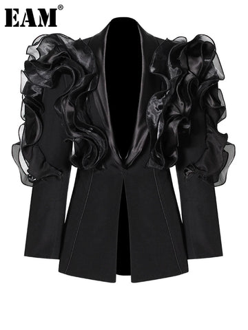 Women Black Ruffles Shaped Elegant Slim Blazer Lapel Long Sleeve Jacket Tide Spring Autumn 7AB8042