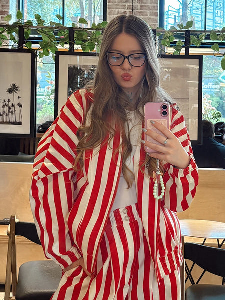 Vintage Contrast Striped Coat Pants Suit Women Chic Zipper Elastic Waist Button Lantern Trouser Suit Autumn Daily Street Outfit