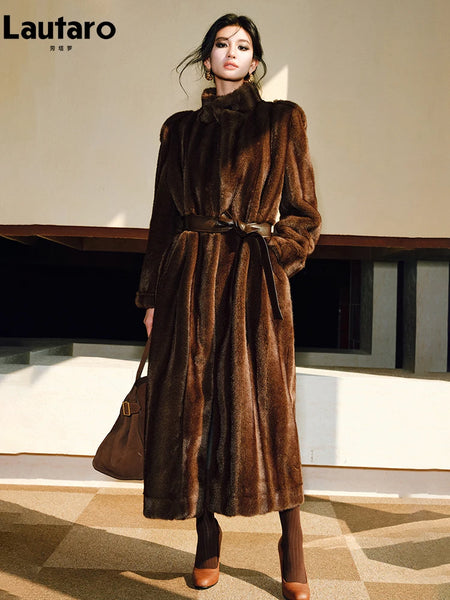 Spring Winter Long Soft Thick Warm Brown Faux Mink Fur Coat Women Elegant Chic Fluffy Overcoat