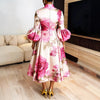Dashiki African Dresses for Women Flower Printed Stand Collar Elegant Evening Maxi Dress Puff Sleeves Pleated Party A-Line Dress