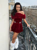 Fur Paneled Off-Shoulder Rhinestone Mini Dress Burgundy Velvet Pleated Evening Elegant Women Dresses Party Chic Lady Gown
