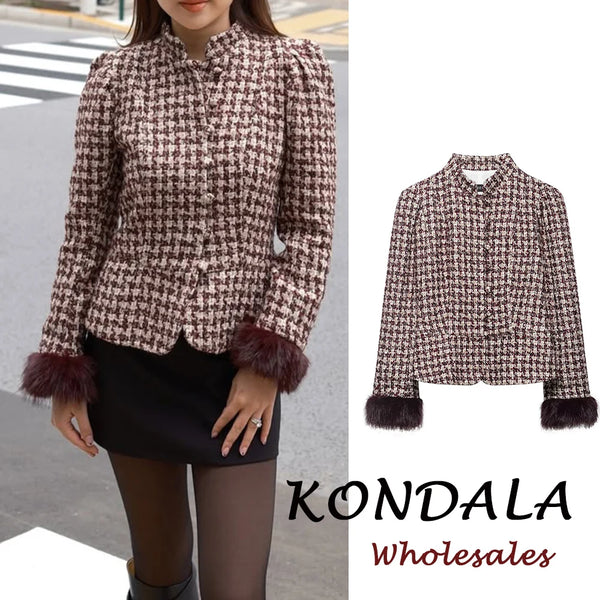 Vintage Spring Plaid Single Breasted Straight Woman Blazer Office Lady Tassel Sleeve Female Modern Outwear