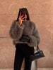 Chic Grey Fluffy Faux Fur Jacket Women Elegant O Neck Long Sleeves Cropped Coats Autumn Winter Lady High Street Outwears