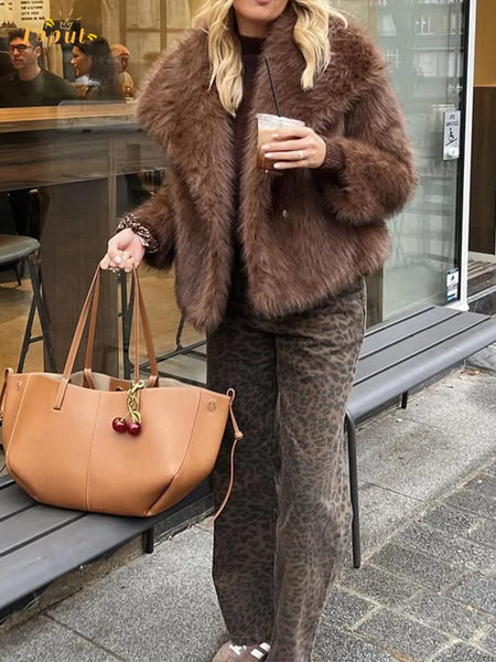 Solid Brown Fluffy Fur Jacket Women's Casual Lapel Loose Long Sleeves Thicken Warm Short Coat Winter Lady Commute Wear