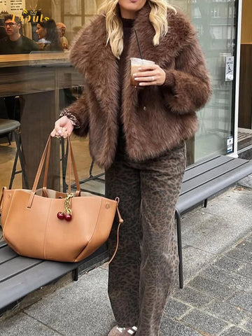 Solid Brown Fluffy Fur Jacket Women's Casual Lapel Loose Long Sleeves Thicken Warm Short Coat Winter Lady Commute Wear