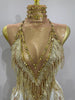 Stock Women Sexy Stretch Mesh Sparkly Rhinestone Tassels Mini Dress Nightclub Singer Dance Stage Costume Evening Gowns