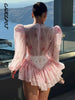 Print Shoulder Pad Waist Cinching Short Dress Women Sexy O-neck Lantern Long Sleeve Cascading Ruffle Slim Dresses Chic Partywear