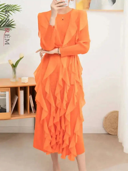 Ruffles Pleated Dress For Women Round Neck Long Sleeves Belt Dresses Female Festival Clothing Spring 2DA3661