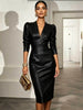 European American Women Deep V Puff Shoulder Faux Leather Midi Dress Long Sleeve Cinched Waist Bodycon Dress