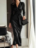Satin Long Sleeve V Neck Wrap Tie Waist Elegant Midi Dress for Women Evening Party Cocktail