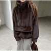 Women Dark Brown Faux Fur Coat Stand Neck Zipper Loose Solid Pullover Spring Chic Lady Casual High Street Outwear