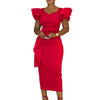 Women Short Ruffles Sleeve O-neck Ribbon Bodycon Midi Dress Street Africa OL Evening Sexy Party Dresses Vestido