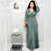 Elegant Women's Long Dress Long Sleeve Bronzing Pleated Dress With Belt High Waist V-neck Party Dresses Robe Femme