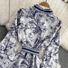 Spring Auutmn Elegant Long Dress Women Turn Down Collar Print A-line Party Dresses Vintage Long Sleeve Floral Long Robe Vestidos