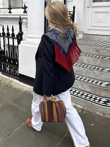 Women Blazer Jacket Bandana Print Fringe Shawl Back Patchwork Tassel Detail Lapel Long Sleeve Single‑Breasted Casual Suit Coat