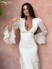 Sexy Slim Print Women's Dress V-Neck Long Sleeve Ankle Length Dresses Elegant Classic Ruffles Female Dress