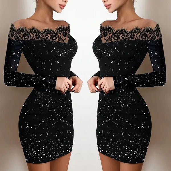 Spring Women's, Elegance, Leisure, Sexy Long sleeved Lace Edge, One Shoulder Silver Powder Sprinkled Dress