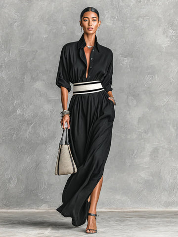 Women's Shirt Maxi Dress with Wide Striped Belt Roll-Up Sleeve High Slit Elegant Casual Formal Outfit