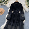 French Vintage Lace Embroidery Patchwork Velvet Dress Women Long Lantern Sleeve Pearl Buttons Lace Up Wedding Party Prom Vestido