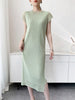 White Textured Pleated Women's Dress Raglan Sleeve Round Neck Side Slit Casual Formal Sheer Dresses Spring
