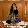 Women Deer Spot Print Faux Fur Cropped Jacket Stand Collar Dark Fur Cuff Button Up Short Coat Vintage Winter Street Outerwear