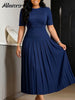 Women's Elegant Pleated Maxi Dress Burgundy O Neck Half Sleeve Fold Flowy A-Line Skirt for Church Weddings Formal Event
