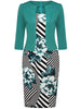 Womens Elegant Geometry Floral Patchwork Work Office Knee Length 2/3 Sleeve Business Casual Party Pencil Bodycon Sheath Dress
