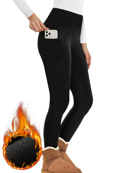 Women's Winter Thermal Leggings with Pockets - High Waisted Fleece Lined Tummy Control Thick Warm Tights for Workout Running