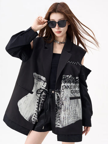 Women Oversized Blazer Jacket Patchwork Off Shoulder Loose Fit Casual Suit Coat