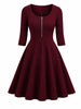 Women Elegant Square Neck 3/4 Sleeve Autumn Work Party Midi Dress Solid Color Zip Front Solid Business Casual Swing A-Line Dress
