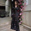 Elegant Printed Satin Long Dress Women Slim Lace Up V-neck Full Sleeve Pleat Dresses Autumn Lady Party Evening Robes