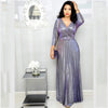 Elegant Women's Long Dress Long Sleeve Bronzing Pleated Dress With Belt High Waist V-neck Party Dresses Robe Femme