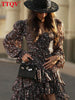 Autumn Loose Print Women's Dress Square Collar Long Sleeve Mini Dresses Elegant Classic Pleted Female Dress