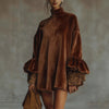 Autumn Winter Elegant Turtleneck Knitted Dress Women Sexy Lace Splicing Solid Color Short Dress Ruffle Draped Mini Dress