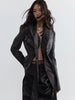 Women Dark Gray Pu Leather Irregular Slit Blazer Lapel Long Sleeve Jacket Tide Spring Autumn 1DH4722