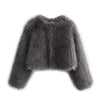 Chic Grey Fluffy Faux Fur Jacket Women Elegant O Neck Long Sleeves Cropped Coats Autumn Winter Lady High Street Outwears
