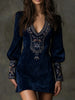 Women's Embroidery Print Wrap Hip Dress Casual Long Sleeve Mini Party Dress Elegant V-neck Hight Waist Skinny Dress