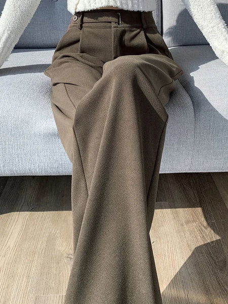 Brown Woolen Suit Pants for Women in Autumn and Winter Narrow Version Straight Wide-leg Pants with Drape