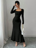 Women's Four Seasons Women's Elegant Temperament Retro Solid Color Square Collar Long Sleeve Dress