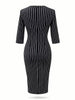 Women Elegant Front Zipper 3/4 Sleeve Cocktail Party Midi Slim Pencil Bodycon Dress