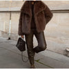 Women Brown Faux Fur Open Front Cardigan Coat Long Sleeve Collarless Loose Plush Outerwear Lady Elegant Winter Warm Furry Jacket