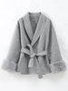 Elegant Lace Up Woolen Short Coat Solid Lapel Fur Cuffs Belt Long Sleeve Jacket Female Autumn Winter Lady Chic Cardigan