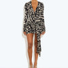 Sexy Black Print Wrap Mini Dress Women Long Sleeve Deep V Neck Button Tie Waist Bodycon Party Gown Chic Evening Clubwear