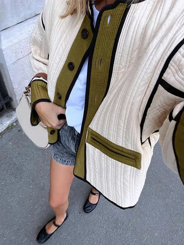 Contrast Cotton Jacket Coat Women Single Breasted Splice Quilted Thermal Jacket Pocket Autumn Lady Casual Outwear