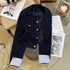 Navy Blue Short Jacket for Women Striped Patchwork Long Sleeve Coat Woman Spring Autumn French Gold Button Tweed Jacket